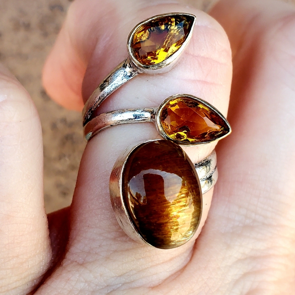 New Silver Sheen Obsidian & Citrine Open Cuff 925 Silver Ring. - Picture 10 of 16